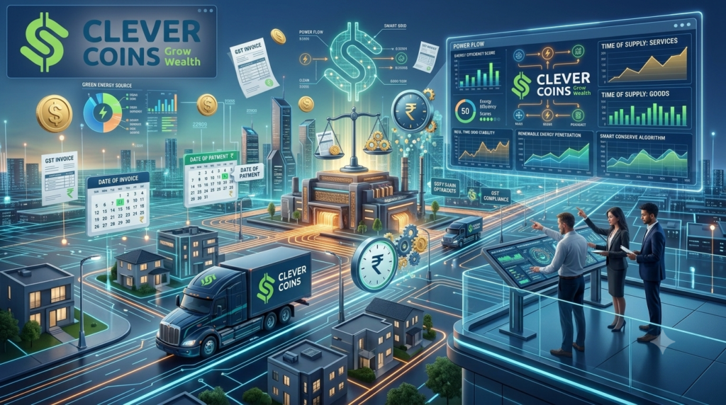 AI Image Prompts (Gemini Banana Pro) 1. Website Blog Banner Prompt: A professional 3D vector and isometric illustration representing the "Time of Supply" under Indian GST. The scene features a sleek digital clock, ticking gears, a golden weighing scale, and tax document paperwork floating around a modern calendar. The brand color palette is strictly incorporated: navy blue background, coin gold highlights, and emerald green accents. Clean, high-tech corporate financial aesthetic, 8k resolution, suitable for a financial blog banner.